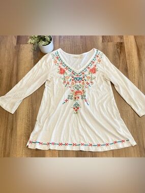 Caite Embroidered Cotton V-Neck White Women's Top